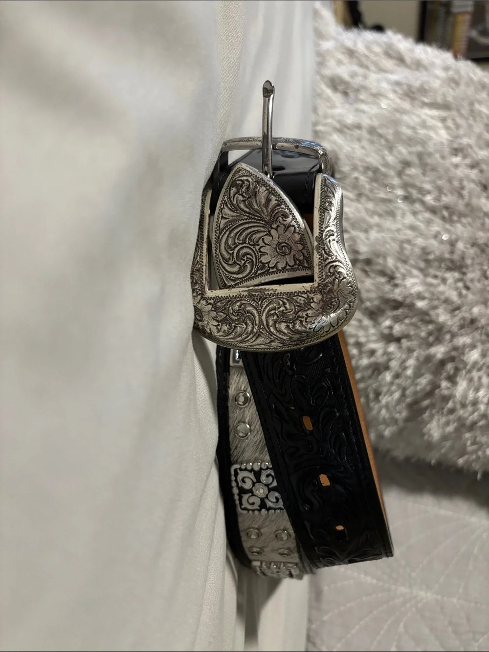 Men's Black Tooled Leather Belt with Engraved Silver Buckle